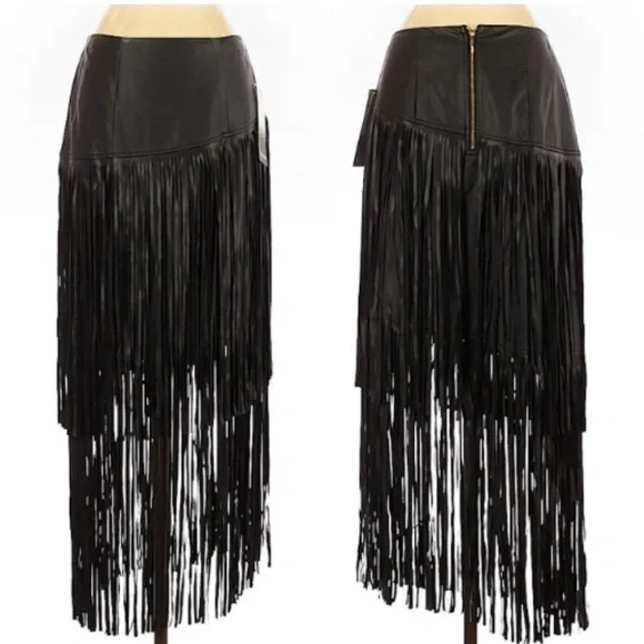 Kensie Faux Leather Black Fringe Midi Skirt S - Picture 2 of 5